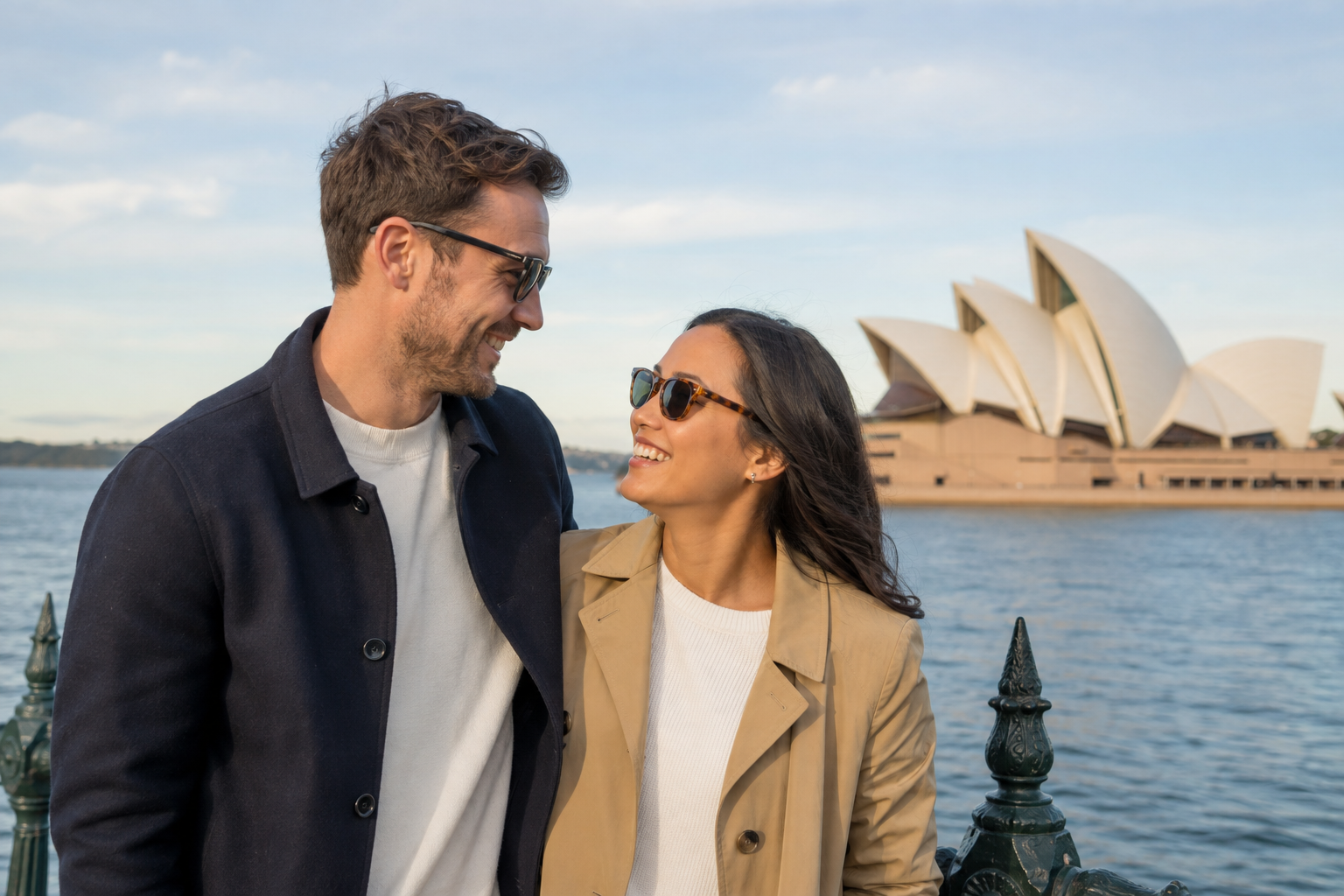 Two people smiling at each other beside Sydney Harbour with the Opera House behind them