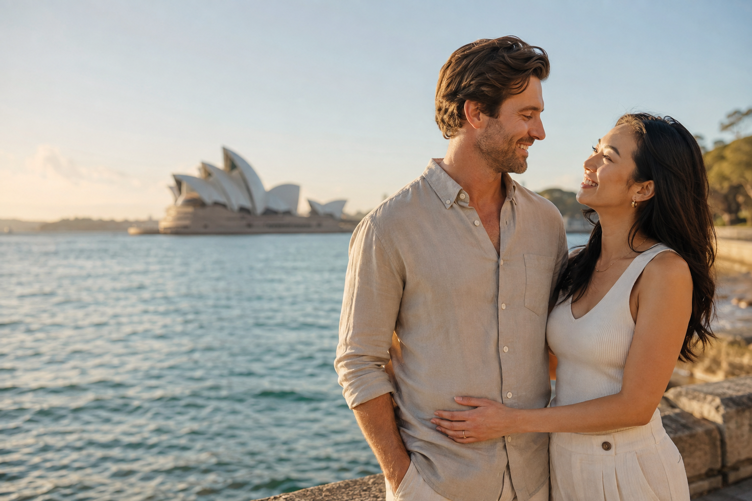 Two people smiling at each other beside Sydney Harbour with the Opera House behind them